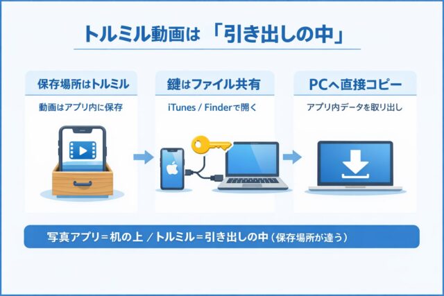 トルミルの動画をファイル共有でPCに取り出す流れ図