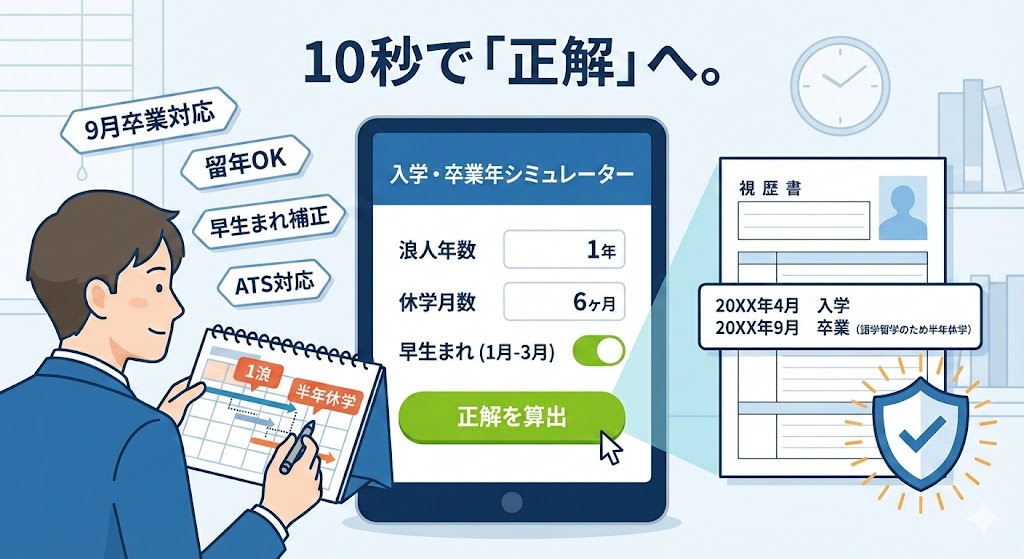【履歴書用】入学・卒業年シミュレーター｜浪人・留年にも自動対応