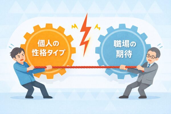 内容: 「個人の性格タイプ」と「職場の期待」が衝突しているイメージ図