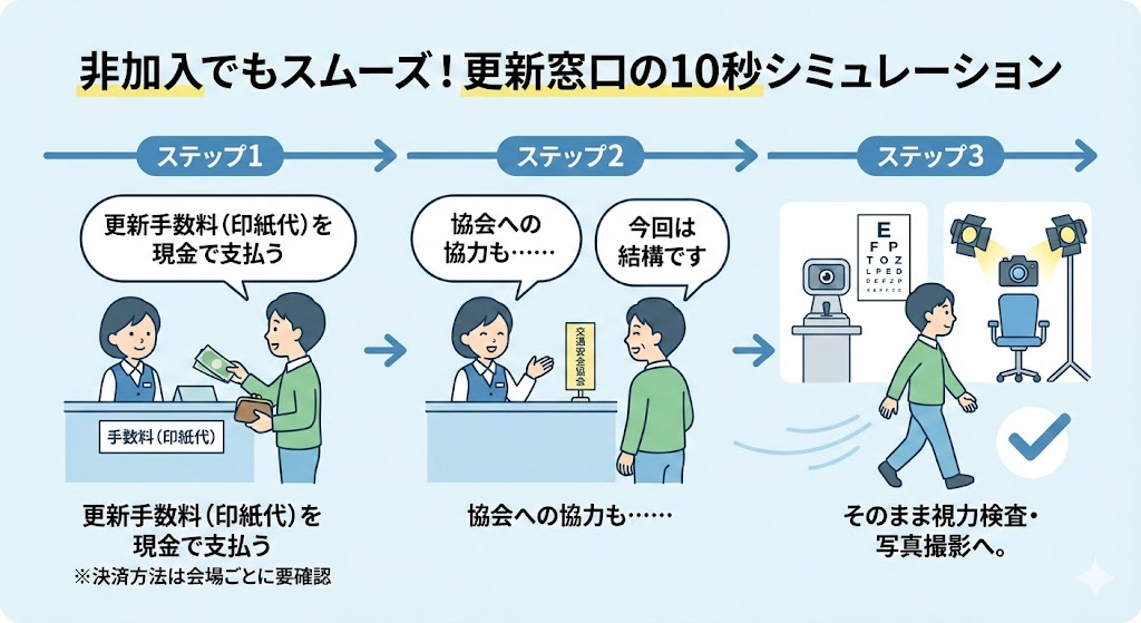 目的:勧誘を断っても手続きが滞りなく進むことを可視化する。 タイトル:非加入でもスムーズ!更新窓口の10秒シミュレーション ステップ1:窓口で更新手数料(印紙代)を現金で支払う(※決済方法は会場ごとに要確認)。 ステップ2:担当者「協会への協力も……」→ あなた「今回は結構です」 ステップ3:そのまま視力検査・写真撮影へ。