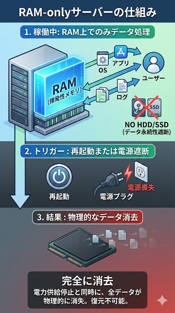 RAM-onlyサーバーの仕組み】 (RAM上でデータが処理され、電源断で物理的に消去されるフロー図など