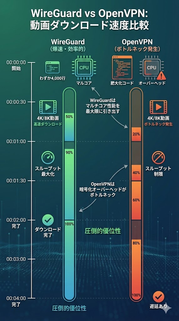 WireGuard vs OpenVPN 速度比較グラフ】 (動画DLにおけるWireGuardの圧倒的優位性を示すグラフ)