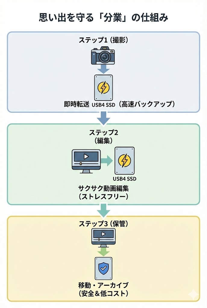 データの「流れ」を可視化し、SSDとHDDの役割分担を理解させる。 タイトル: 思い出を守る「分業」の仕組み ステップ1 (撮影): カメラから「USB4 SSD」へ即時転送(高速バックアップ) ステップ2 (編集): SSD上でサクサク動画編集(ストレスフリー) ステップ3 (保管): 完成動画を「大容量HDD」へ移動・アーカイブ(安全&低コスト) 方向性: クリーンなフラットデザイン。SSDは雷マーク、HDDは盾マークのアイコンを使用。