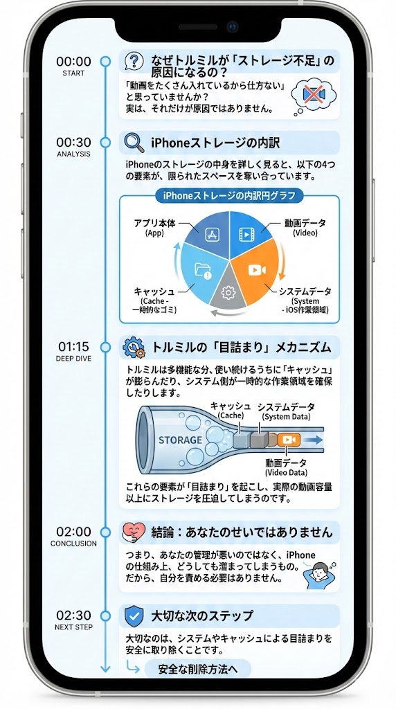 iPhoneの「ストレージがいっぱいです」を動画消さずに即解消!トルミルのキャッシュ削除と裏ワザ整理術