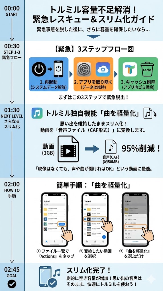 「再起動」→「アプリを取り除く」→「キャッシュ削除」の3ステップをフロー図で
