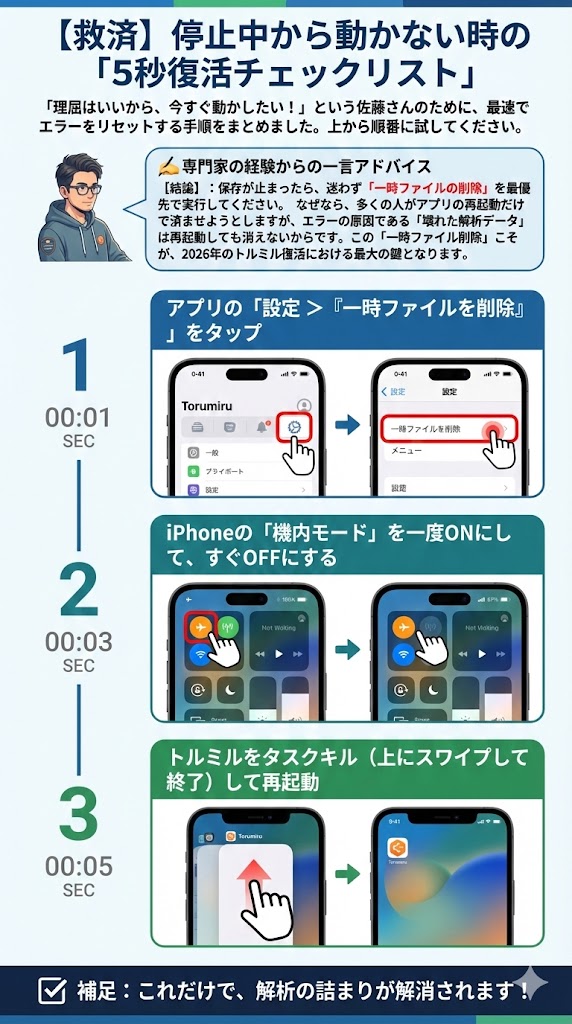 停止中エラーからの最速復旧フロー 目的: 読者が迷わず、最短でアプリを正常な状態に戻せるようにする ステップ1: アプリの「設定 > 『一時ファイルを削除』」をタップ ステップ2: iPhoneの「機内モード」を一度ONにして、すぐOFFにする ステップ3: トルミルをタスクキル(上にスワイプして終了)して再起動 補足: これだけで、解析の詰まりが解消されます!