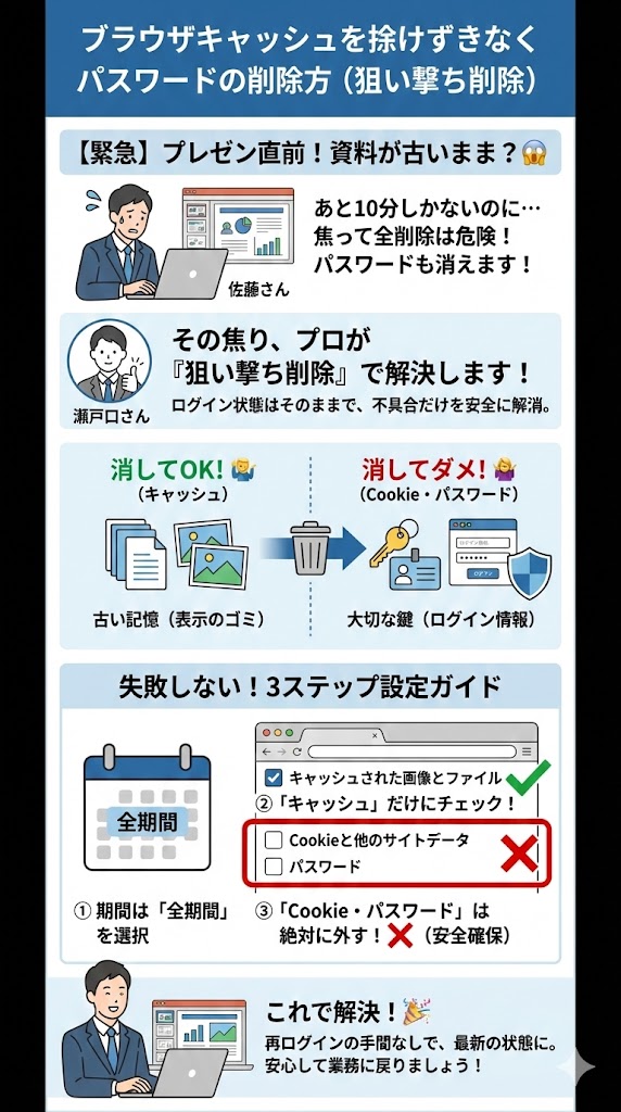 件名: ログイン状態を守る「狙い撃ち削除」設定画面 目的: 削除すべき項目と、絶対にチェックを外すべき項目を視覚的に理解させる 構成要素: 1. タイトル: 失敗しない!削除項目の選び方 2. ステップ1: 削除期間は「全期間」を選択 3. ステップ2: 「キャッシュされた画像とファイル」にのみチェック 4. ステップ3: 「Cookie」「パスワード」のチェックを外す(赤枠で強調) 5. 補足: これで再ログインの手間を回避できます。 参考altテキスト: ブラウザの閲覧履歴削除画面で、パスワードとCookieのチェックを外しキャッシュのみを選択している様子。