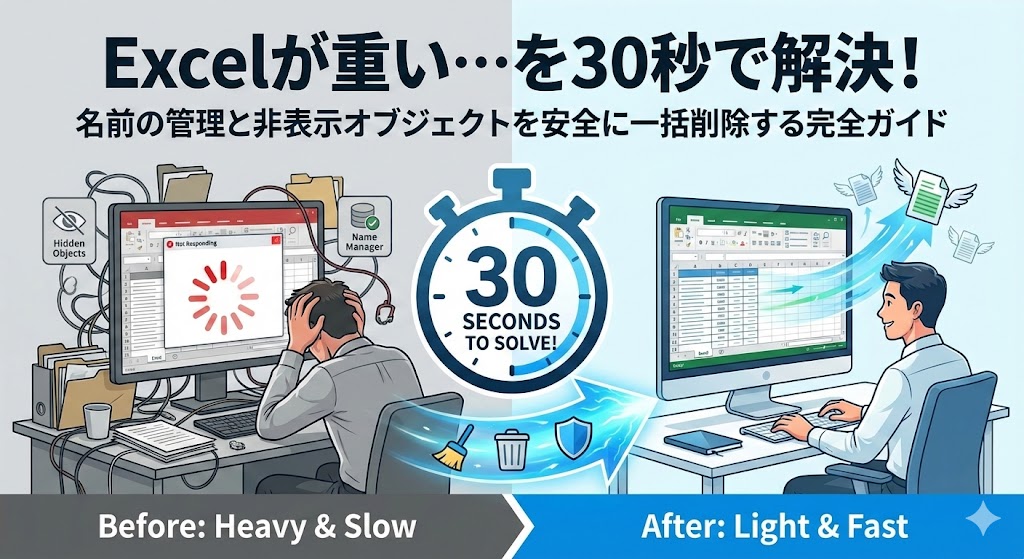 Excelが重い…を30秒で解決！名前の管理と非表示オブジェクトを安全に一括削除する完全ガイド