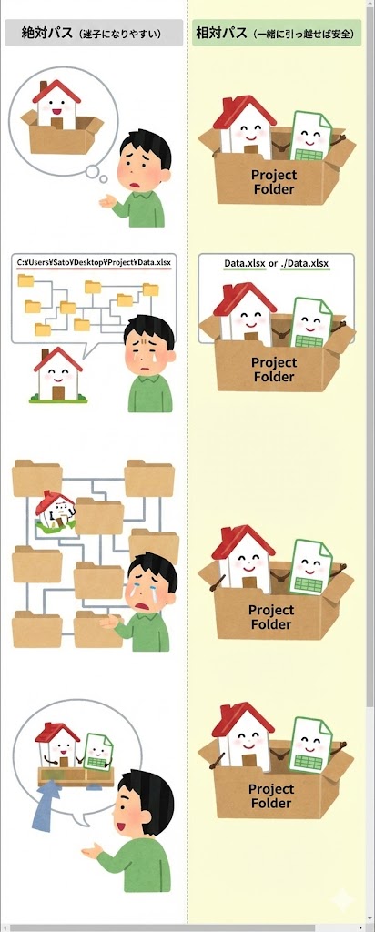 絶対パスと相対パスの概念図(住所の例え) (絶対パス=迷子になりやすい、相対パス=一緒に引っ越せば安全、という比較イラスト)