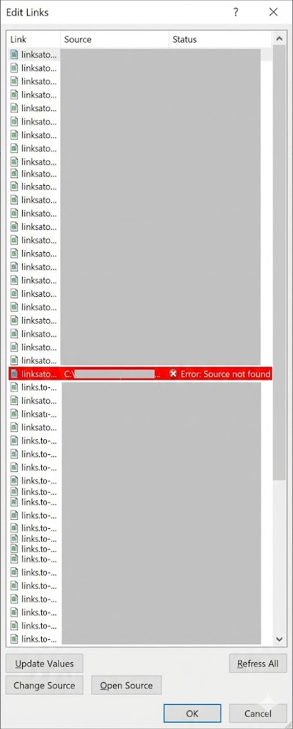 Excelの「リンクの編集」ダイアログ(エラー状態) alt属性:リンクの編集ダイアログで「ソースが見つかりません」と表示されている画面