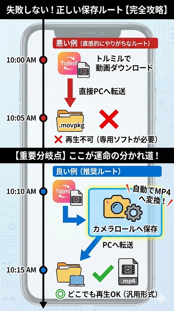 失敗しない「正しい保存ルート」のフローチャート
コンセプト: 記事の後半で最も重要な「カメラロールを経由する」という解決策を、シンプルなフローチャートにしました。
悪い例(直感的にやりがちなルート): トルミル → 直接PCへ転送 = .movpkg(× 再生不可)
良い例(推奨ルート): トルミル → カメラロール(ここでMP4に変換される) → PCへ転送 = .mp4(◎ どこでも再生OK)
「カメラロールを通す」ことが重要な分岐点であることを強調。