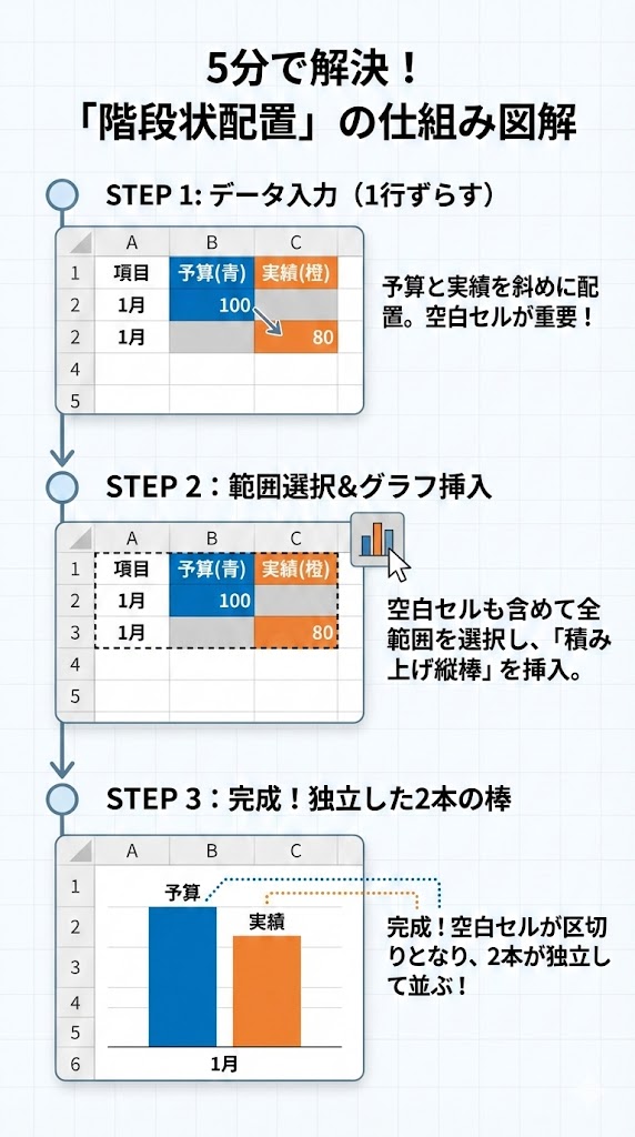 件名: 階段状配置の構造図解 目的: データの配置とグラフの見た目の関係を直感的に理解させる 構成要素: ステップ1: 元データを「予算」と「実績」で1行ずらして入力 ステップ2: 空白セルを含めて範囲選択し、グラフ挿入 ステップ3: 予算と実績が「独立した2本の棒」として完成! デザイン方向性: シンプルなフラットデザイン。Excelのセルを模した枠線と、それに対応するグラフの棒を色分けして紐付ける。