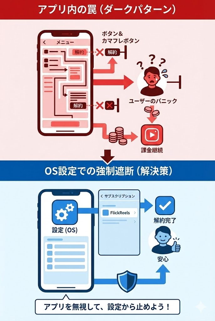 件名: ダークパターンの構造と強制遮断の仕組み 目的: 読者に「アプリ内で探しても無駄である理由」と「OS設定での解約が正解であること」を視覚的に理解させる。 構成要素: 1.アプリ内の罠、2.ユーザーのパニック、3.OS設定での強制遮断 デザインの方向性: 不安を象徴する赤と、解決を象徴する青のコントラスト。シンプルで清潔感のあるフラットデザイン。
