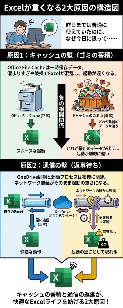 【2026年最新】Excelの起動が重い?キャッシュ削除と『設定が消えた』時の代替案まで完全解説