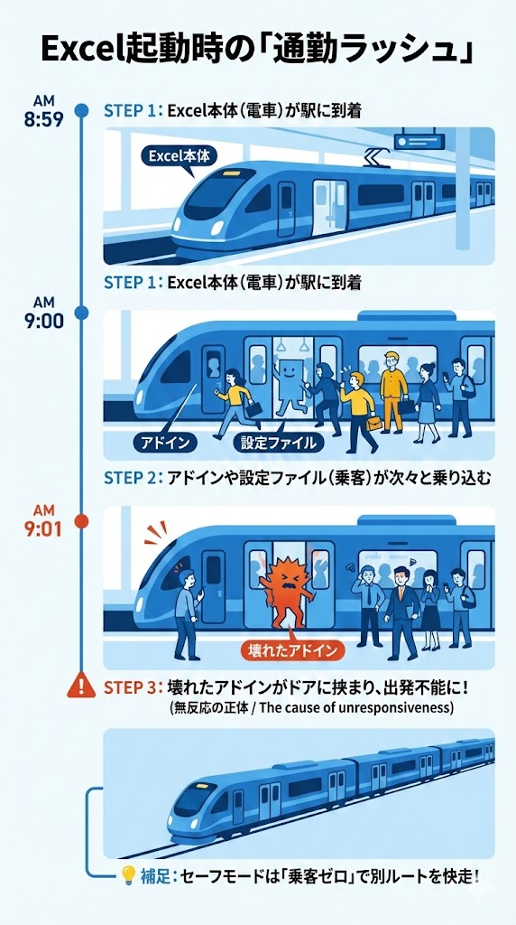 Excelが起動時にアドイン等を読み込み、その一部が原因で起動が止まる様子を解説した図解