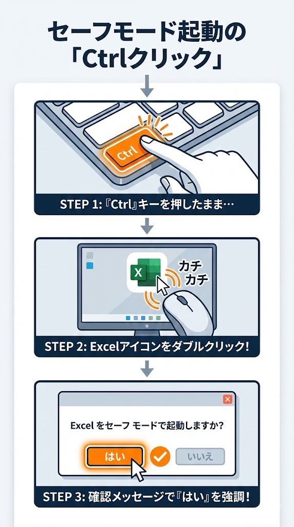 キーボードのCtrlキーを押しながらExcelアイコンをダブルクリックしてセーフモードを起動する手順図