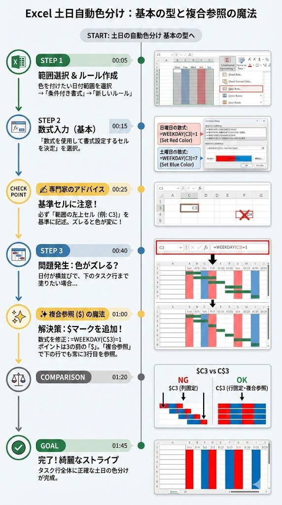 もう二度と塗り直さない!Excelで土日・祝日を自動で色分けする最強の作り方【ガントチャート対応】